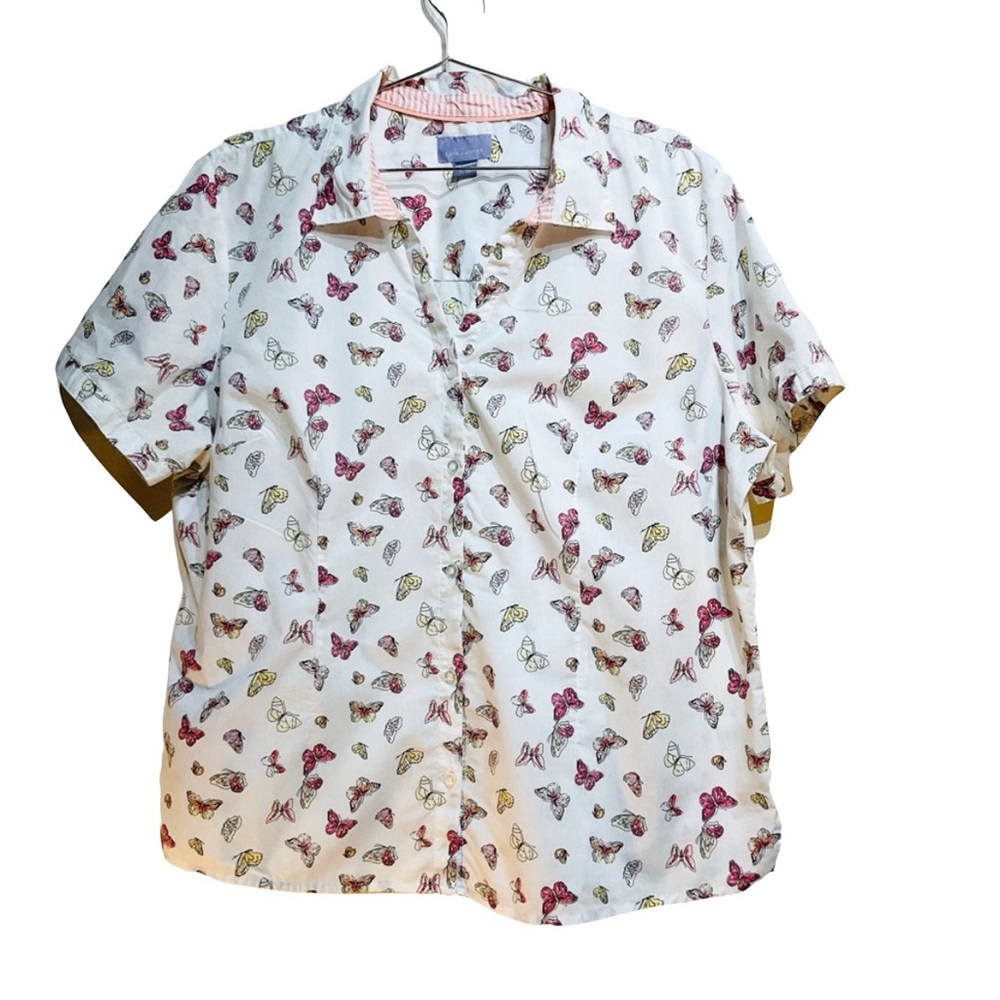 Laura Scott Butterfly Print Short Sleeve Blouse XL, Summer Beachy Garden